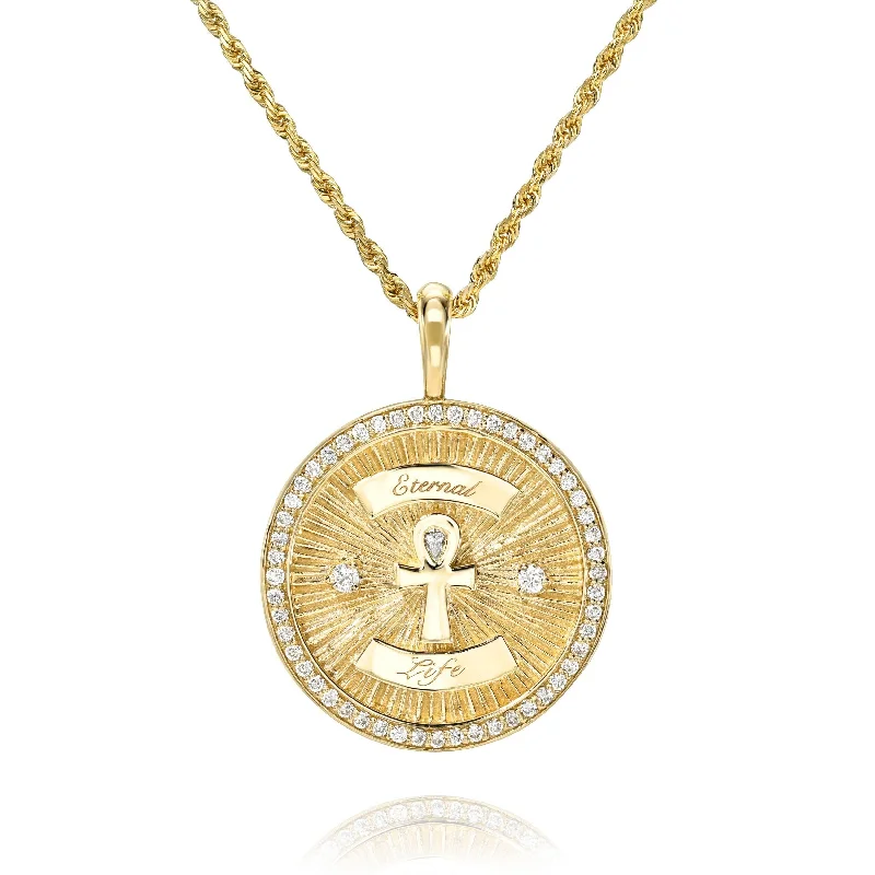 dainty necklace for women-Diamond Ankh Coin with Pavé Border