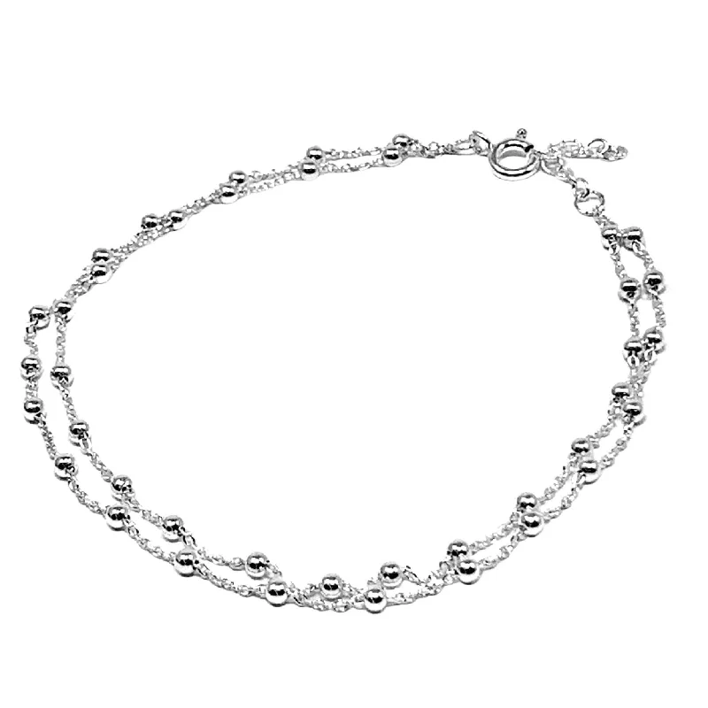 elegant anklets for women-Sterling Silver Ball Beaded Double Chain Anklet