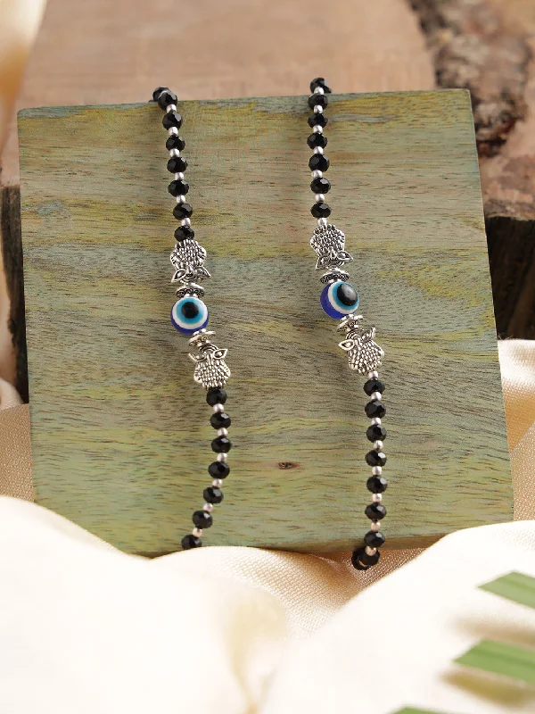 wedding ankle bracelets for women-Silver-Plated & Black Beaded Handcrafted Owl & Evil Eye Anklet