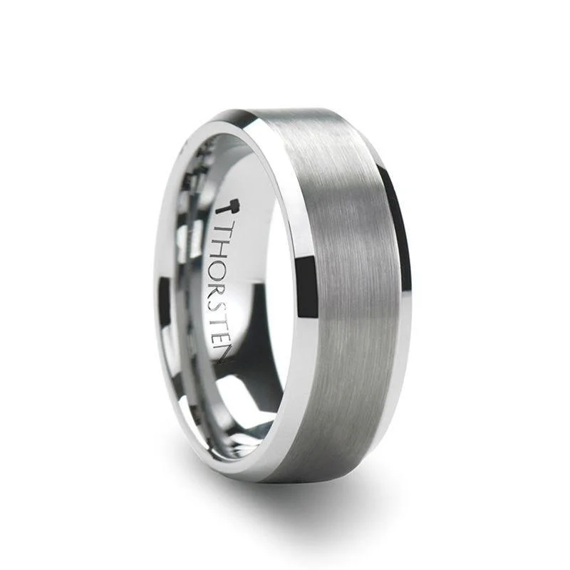 unique engagement rings for women-PETERSBURG Brushed Center White Tungsten Ring with Beveled Edges - 4mm - 10mm