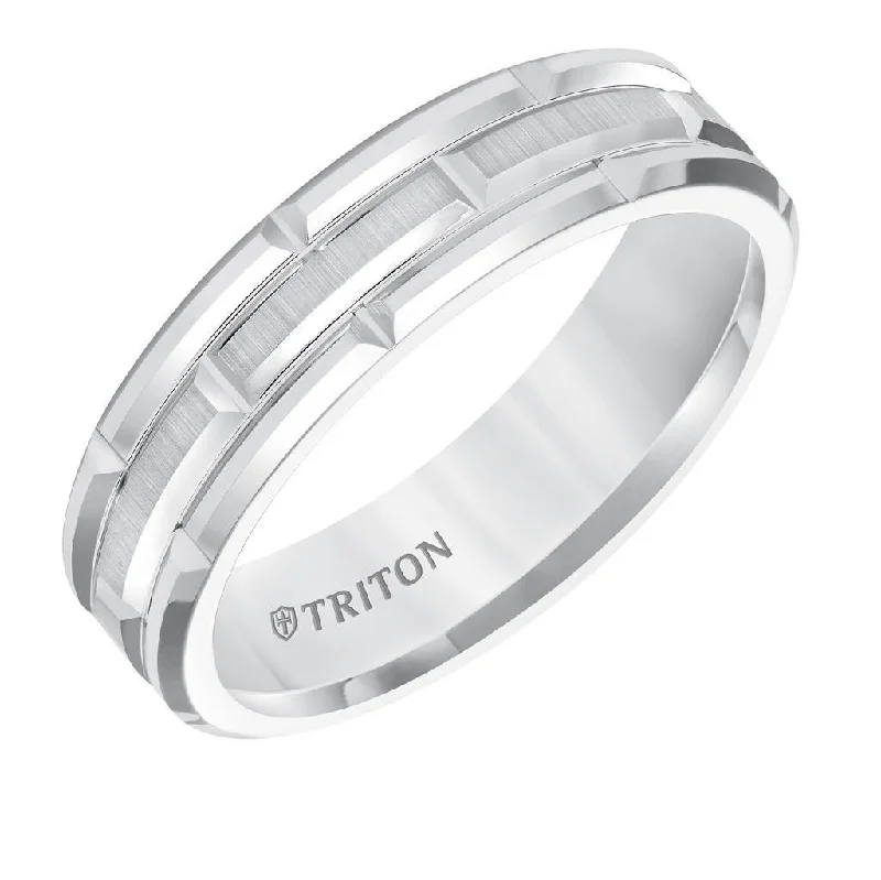 gold engagement rings for women-ARJAN White Tungsten Carbide Comfort Fit Band with Cut Brick Motif with Satin Center Finish by Triton Rings - 6mm