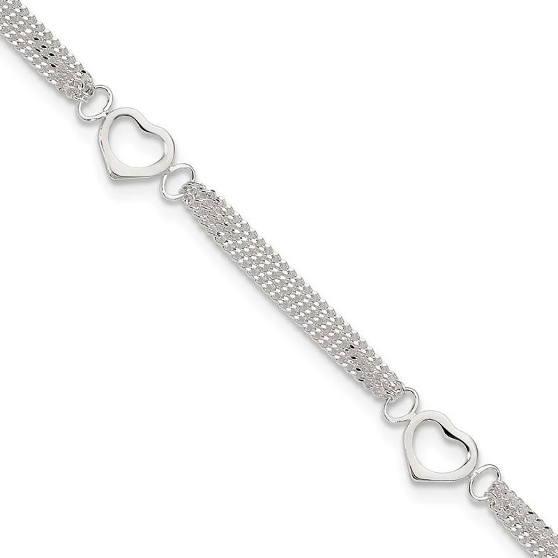 anklets for summer for women-Sterling Silver Polished Heart Multi-Strand 9in Anklet