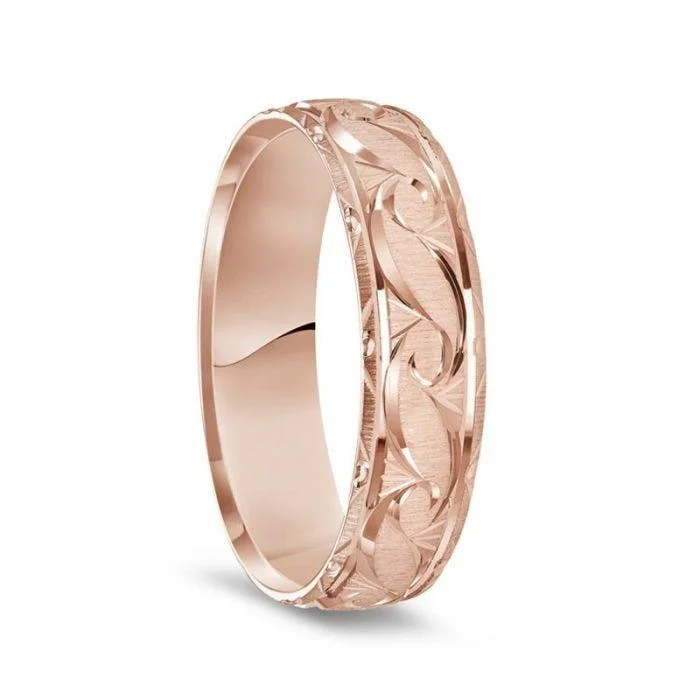 platinum three-stone engagement rings for women-14K Rose Gold Satin Finished Ring with Polished Grooved Pattern & Beveled Edges - 6mm