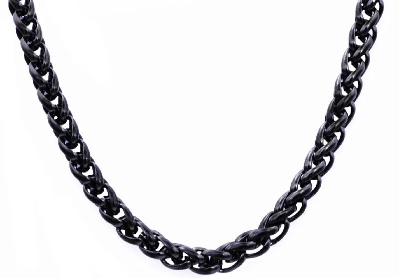 graduation necklace for women-Mens 8mm Black Plated Stainless Steel Wheat Link Chain Necklace