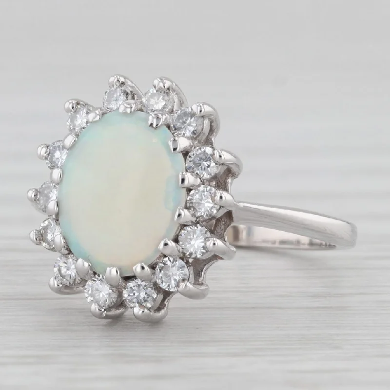 gold engagement rings for women-Oval Opal Cabochon Diamond Halo Ring 14k White Gold Size 6.5