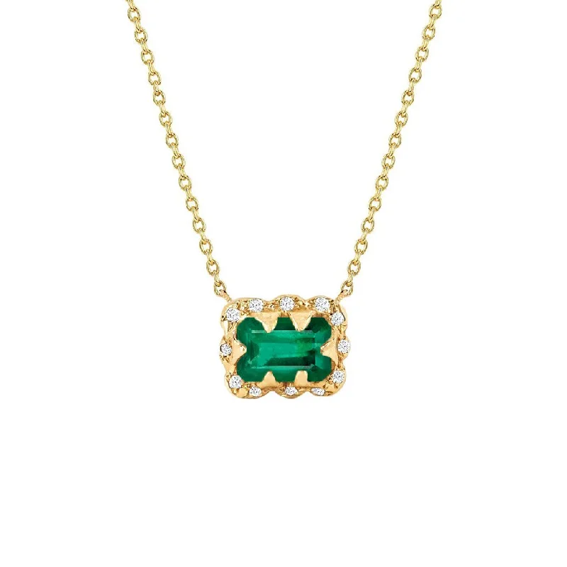 gold necklace for women-Micro Queen Emerald Cut Emerald Necklace with Sprinkled Diamonds