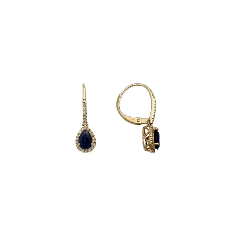 gold stud earrings for women-Pear Sapphire Diamond Halo Dangle Earrings (14K)