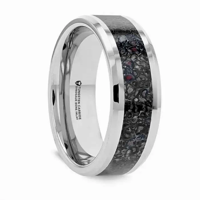 affordable vintage engagement rings for women-DRACARYS Tungsten Ring Black Dinosaur Inlay with Polished Bevel Edges - 8mm