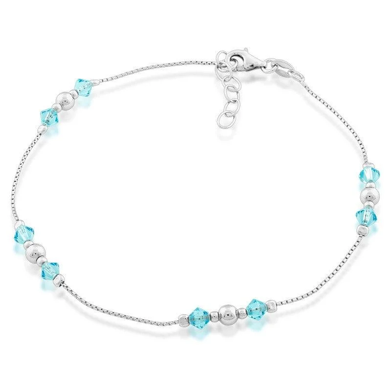 dainty ankle bracelets for women-Sterling Silver Beads with Blue Crystals Anklet