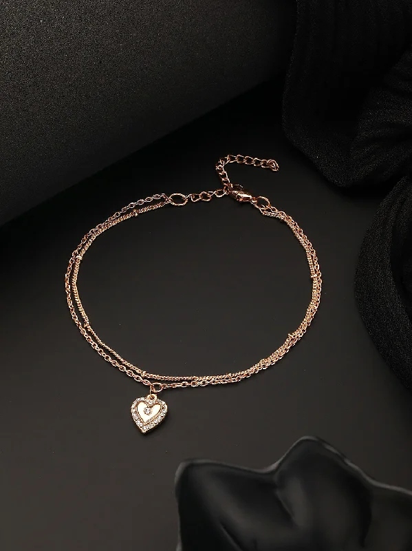 diamond ankle bracelets for women-Rose Gold Plated Cz Studded Layered Heart Charm Anklet