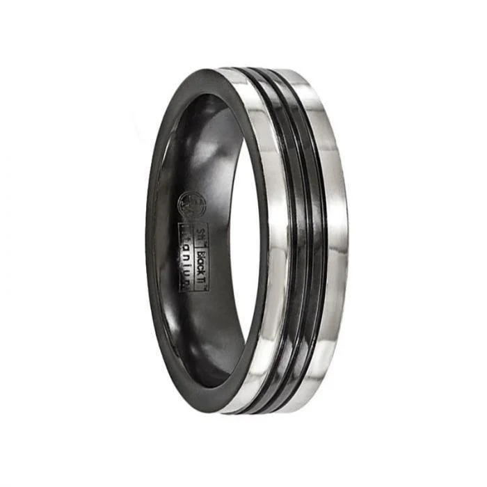 round cut engagement rings for women-PORCIUS Black Ring Titanium ring with Polished Grooves by Edward Mirell - 6 mm