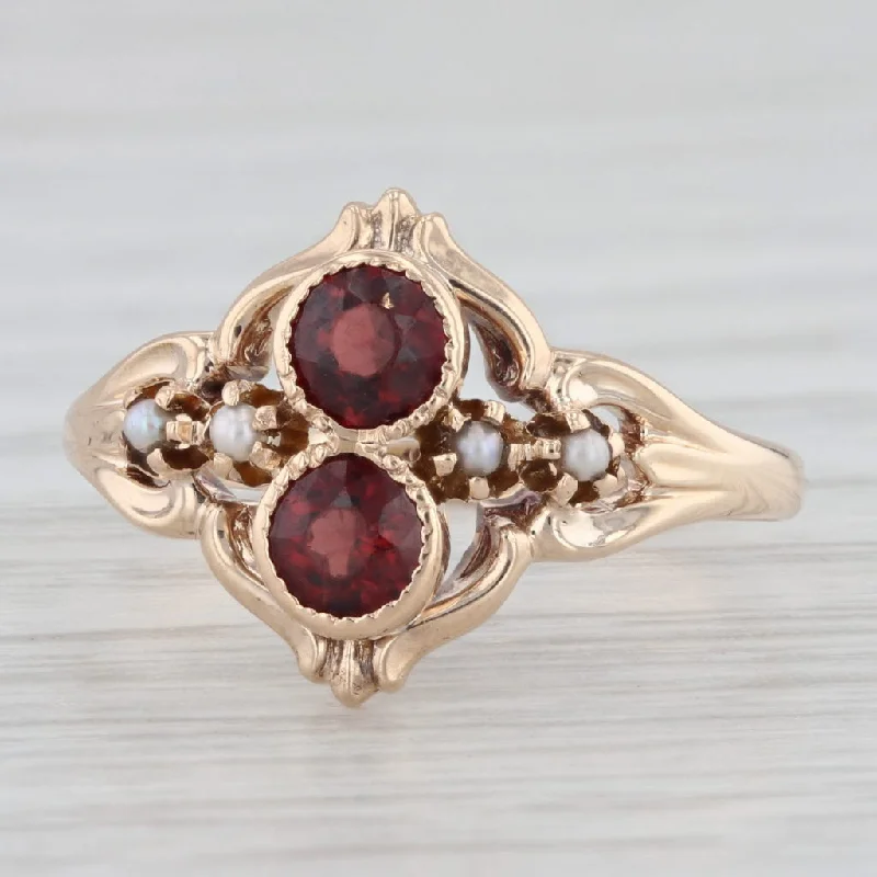 stackable engagement rings for women-Victorian Garnet Seed Pearl 10k Yellow Gold Size 6.5 Antique Ring