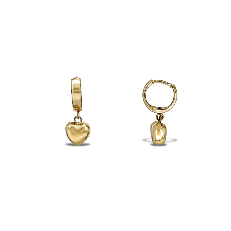 gold drop earrings for women-Puffy Heart Hanging Huggie Earrings (14K)