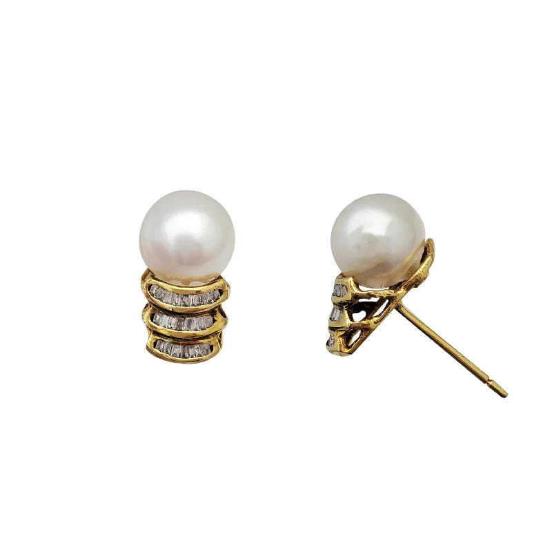 elegant stud earrings for women-Baguette Diamond With South Sea Pearl Earrings (14K)