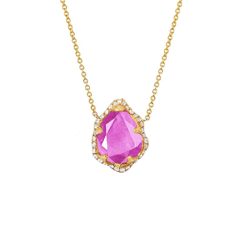 silver chain necklace for women-Baby Queen Water Drop Pink Sapphire Necklace with Full Pavé Halo