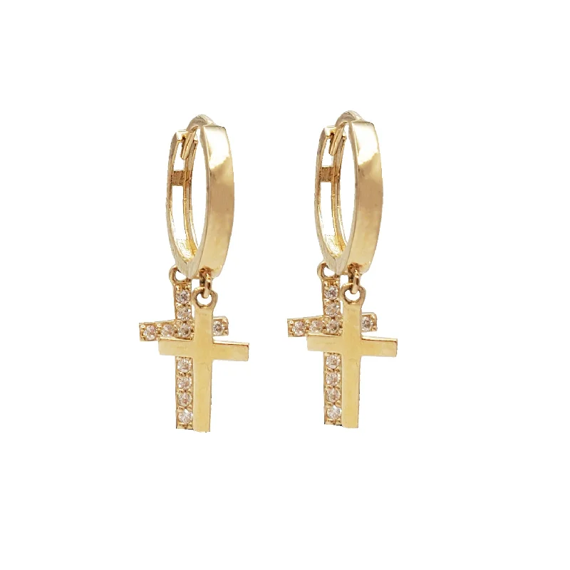 textured earrings for women-Zirconia Double Cross Dangling Earrings (14K)