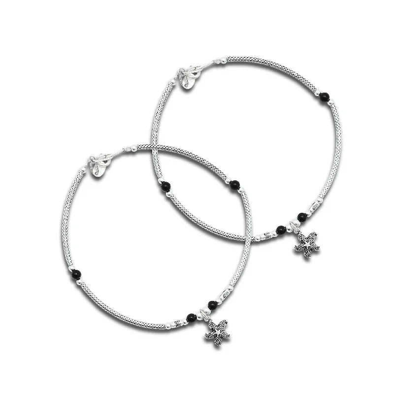 anklet with sea shells for women-Oxidized 925 Silver Starfish Charm Anklets for Girls