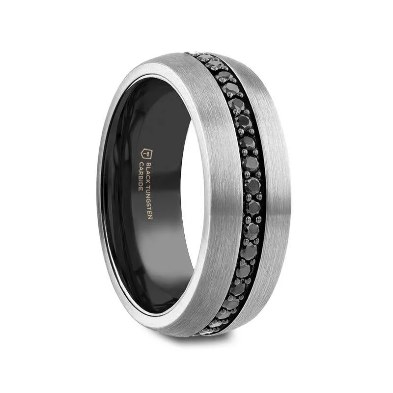 simple solitaire engagement rings for women-PILOT Gunmetal Tungsten Ring with Black Sapphires - 8mm