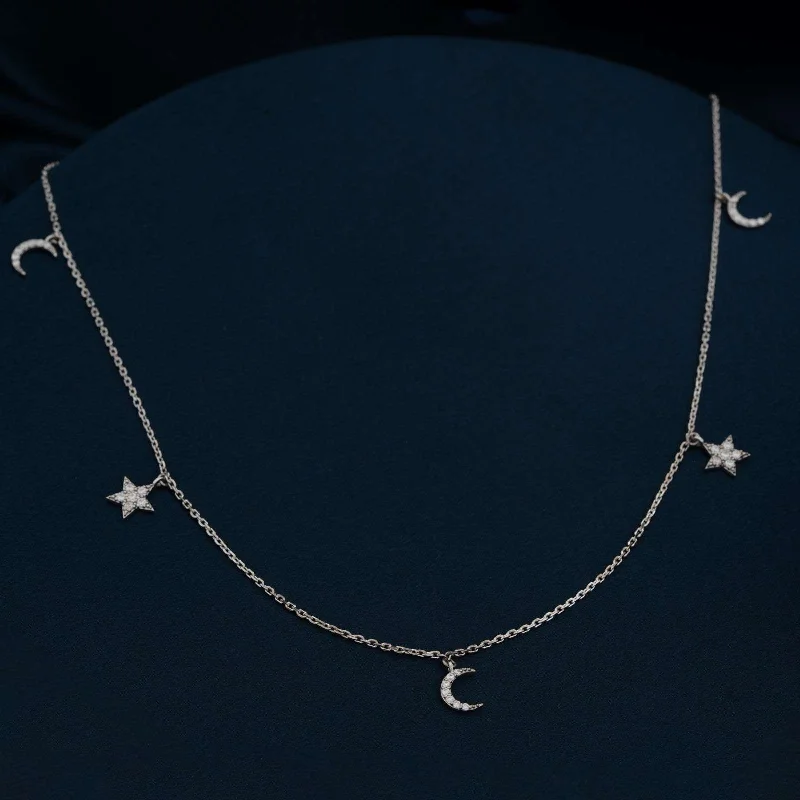 religious necklace for women-Silver Star and Moon Necklace