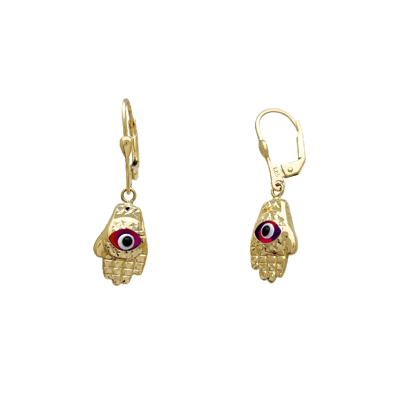 geometric earrings for women-Hamsa Hand Drop Earrings (14K)