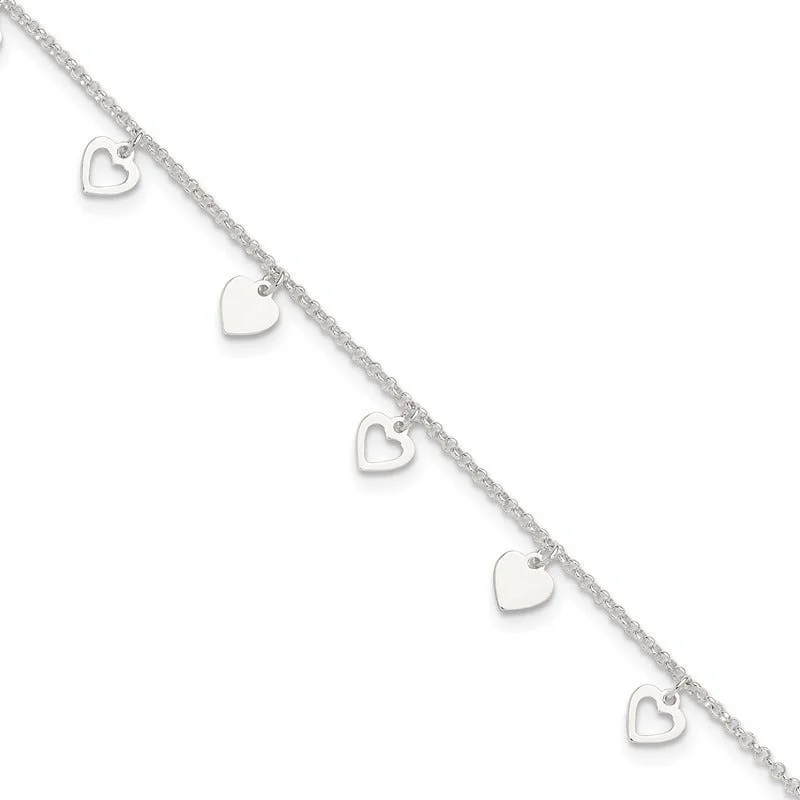 diamond ankle bracelets for women-Sterling Silver Polished Hearts 10in Plus 1in ext. Anklet