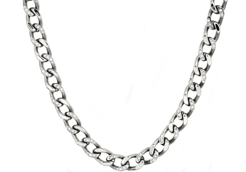 rose gold necklace for women-Mens Stainless Steel Curb Link Chain Necklace With Cubic Zirconia