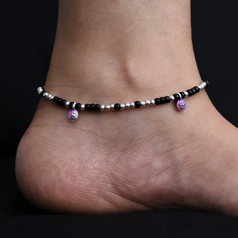 star anklets for women-Sterling Silver combination of silver and Black Beads Anklet for Girls