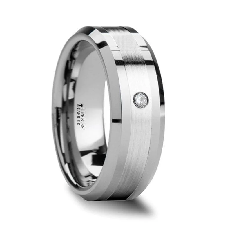 classic engagement rings for women-LEOPOLD Silver Inlaid Beveled Tungsten Ring with Diamond - 8mm