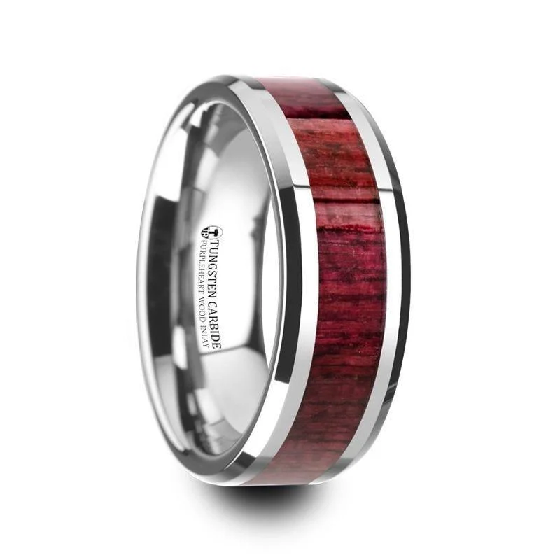 simple engagement rings for women-MAUVE Purpleheart Wood Inlaid Tungsten Carbide Ring with Bevels - 8mm