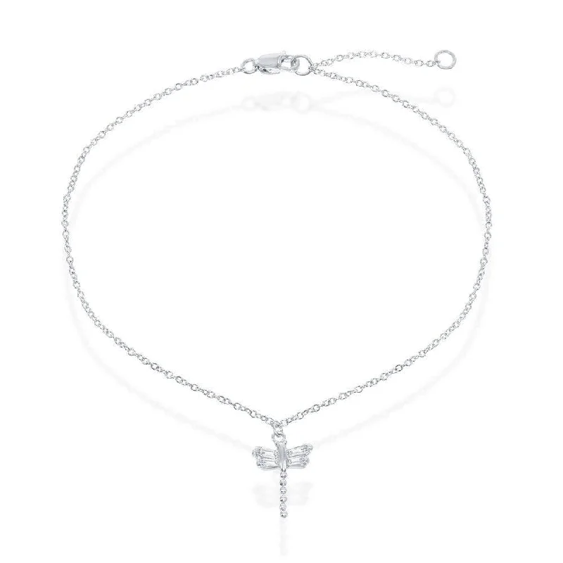 diamond ankle bracelets for women-Sterling Silver Small Dragonfly Anklet