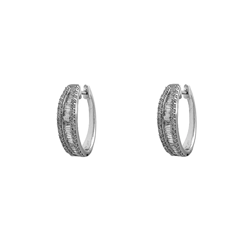 glamorous earrings for women-Diamonds Baguettes & Round U-Shape Huggie Earrings (14K)