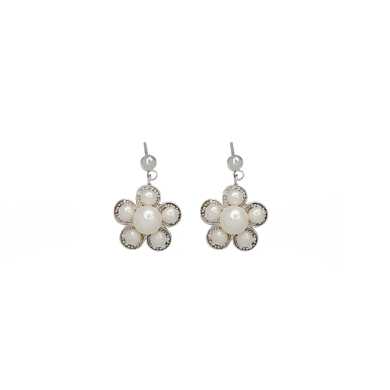 fashion earrings for women-Pearl Flower Dangling Earrings (Silver)