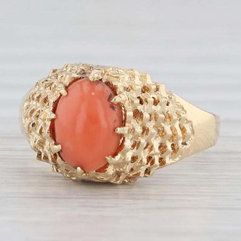 solitaire engagement rings with diamonds for women-Vintage Coral Ring 18k Yellow Gold Oval Cabochon Solitaire Size 6.75