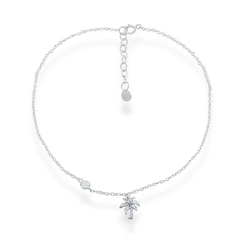 butterfly anklets for women-Sterling Silver Palm Tree with Single Cubic Zirconia Anklet