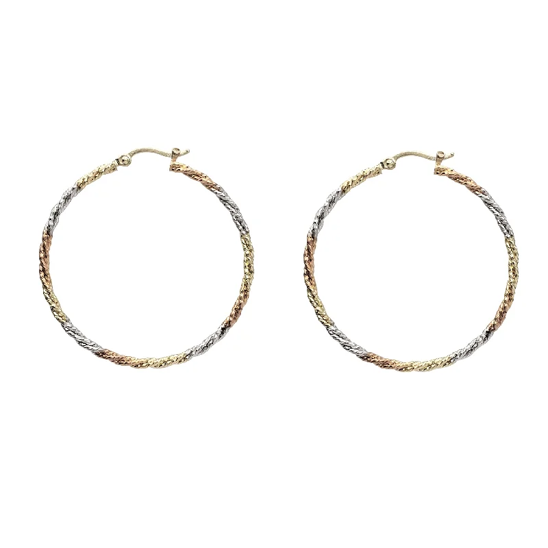 flower earrings for women-Tri-Color Rope Hoop Earrings (14K)