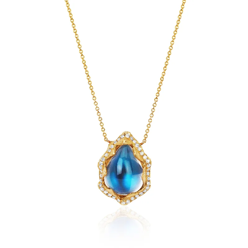 opal necklace for women-18k Queen Water Drop Blue Sheen Moonstone Necklace with Full Pavé Halo