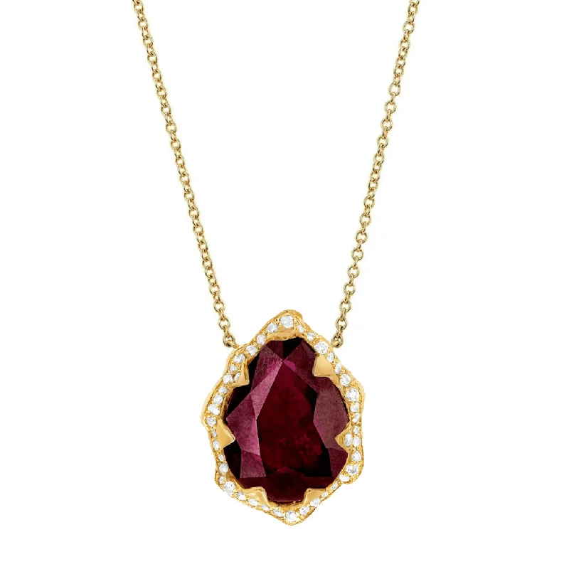 cuff necklace for women-Queen Water Drop Ruby Necklace with Full Pavé Halo