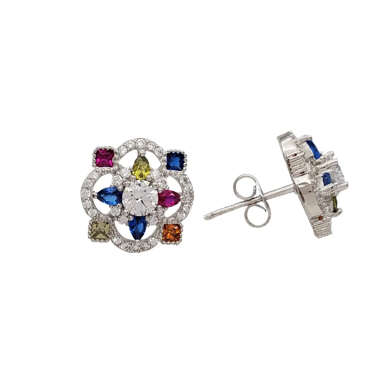 infinity earrings for women-Multicolor Flower Stud Earrings (Silver)