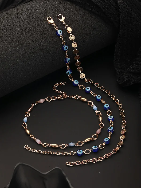 ankle bracelet with gemstones for women-Set Of 3 Rose Gold Plated & Blue Evil Eye Link Chain Anklets