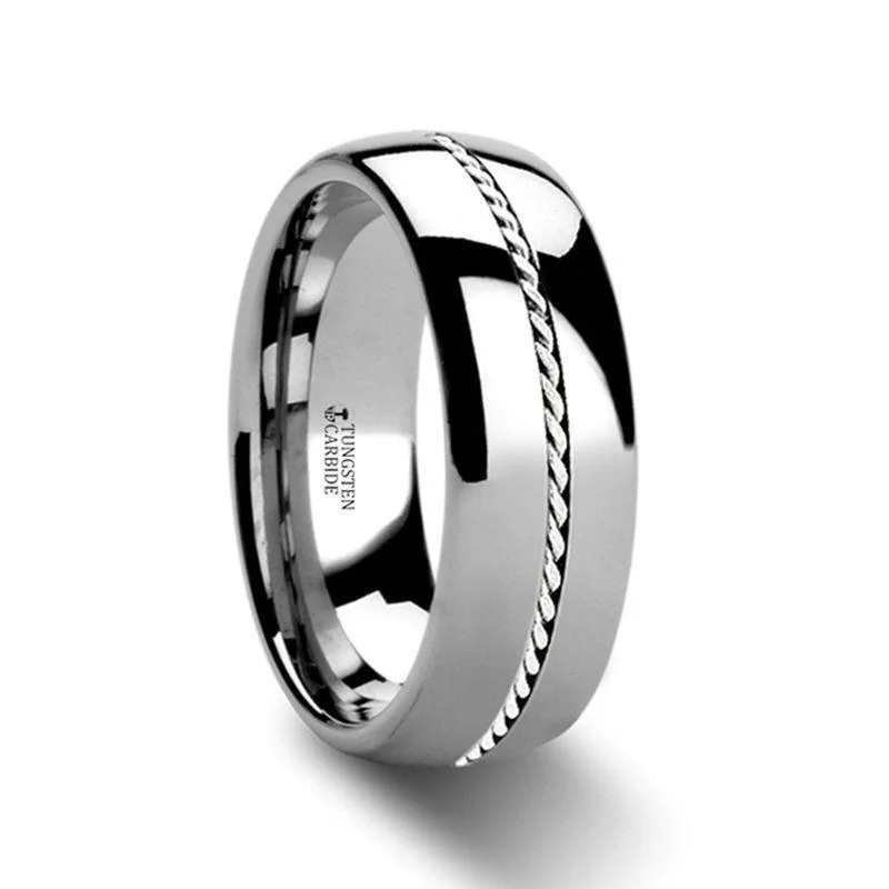 luxury engagement rings for women-BALDWYN Braided Palladium 950 Inlay Domed Tungsten Ring - 6mm or 8mm