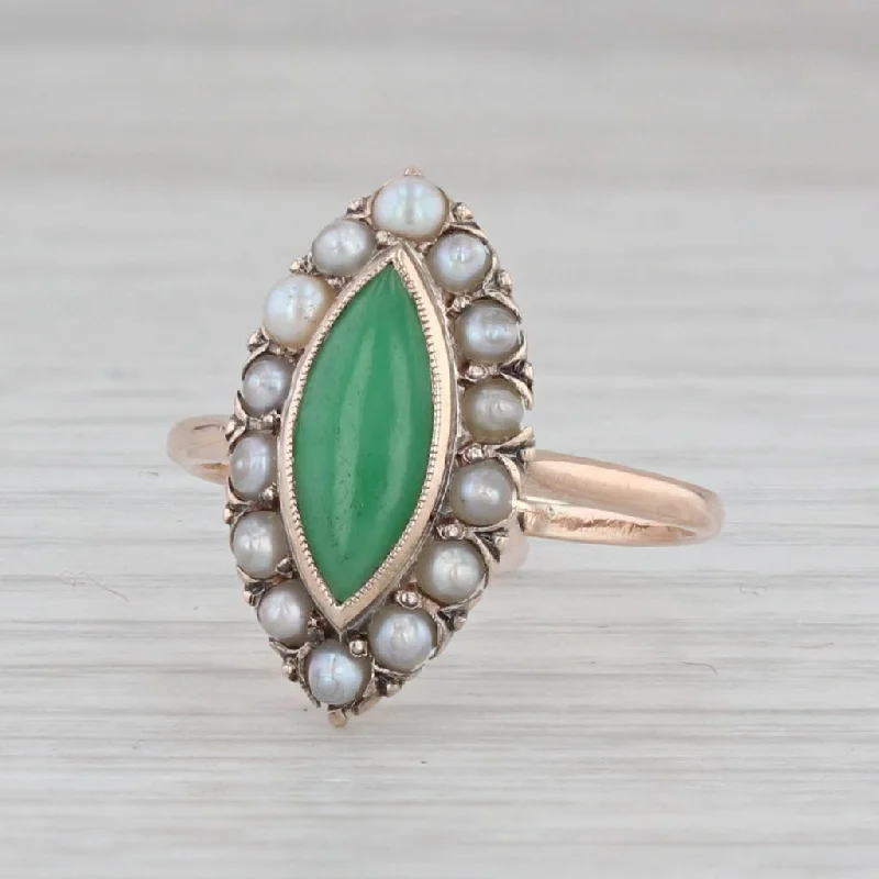 wedding and engagement rings for women-Vintage Green Jadeite Jade Pearl Halo Ring 10k Yellow Gold Size 6