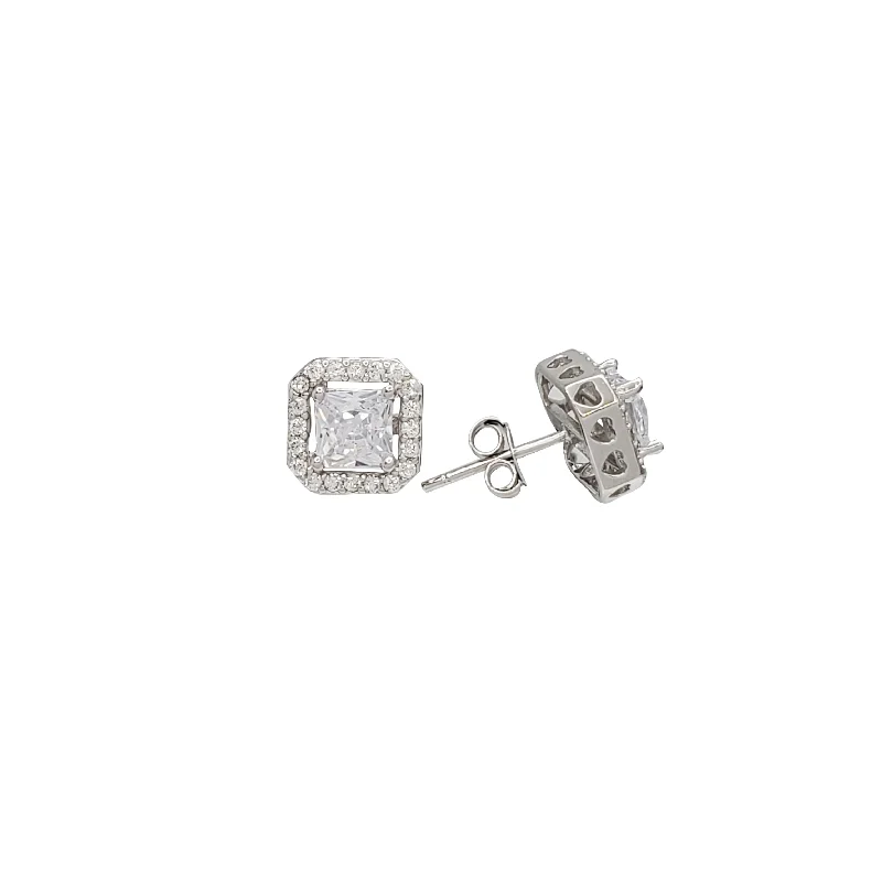 long earrings for women-Micropave Square CZ Stud Earring (Silver)