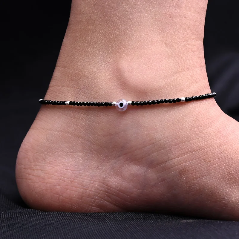 stackable anklets for women-Silver Evil Eyes With Black Beads Girls Anklet