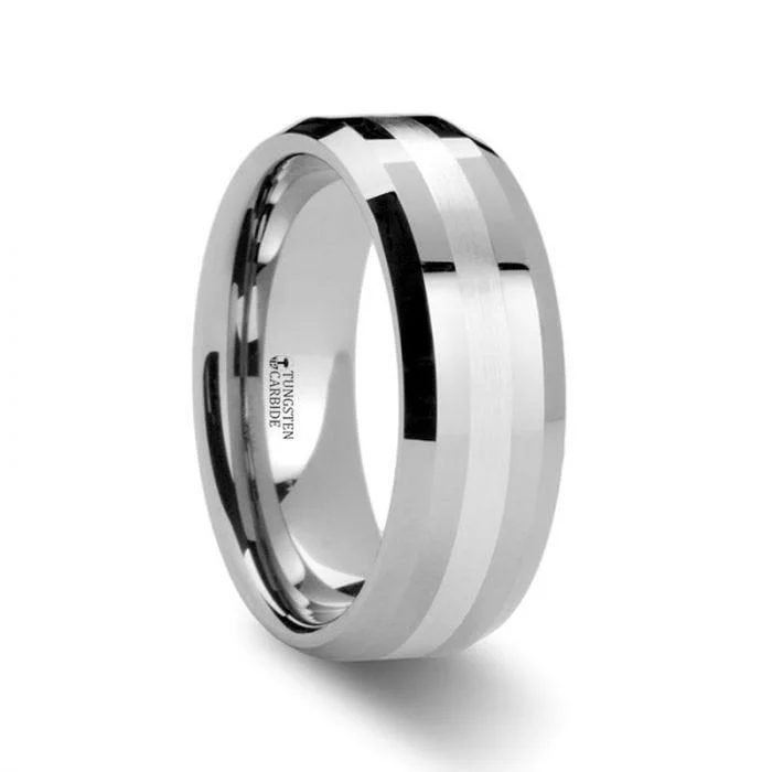 halo ring engagement rings for women-VECTOR Silver Inlaid Beveled Tungsten Ring - 6mm & 8mm