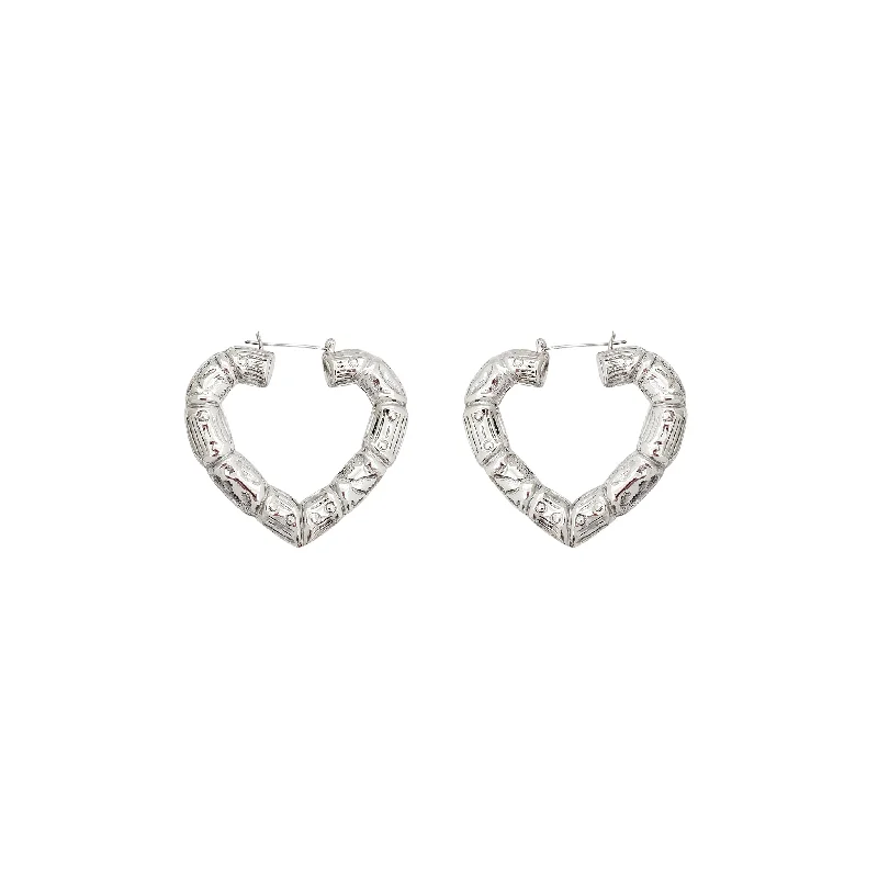 silver dangling earrings for women-Heart Shape Bamboo Hoop Earrings (Silver)