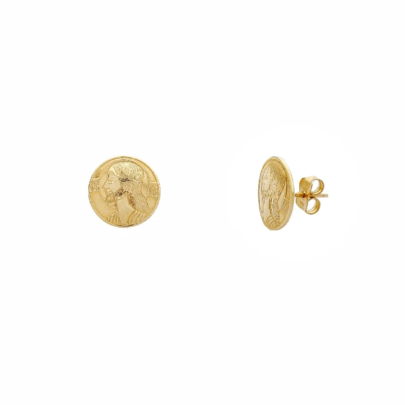 sapphire earrings for women-Halo Jesus Head Stud Earrings (14K)