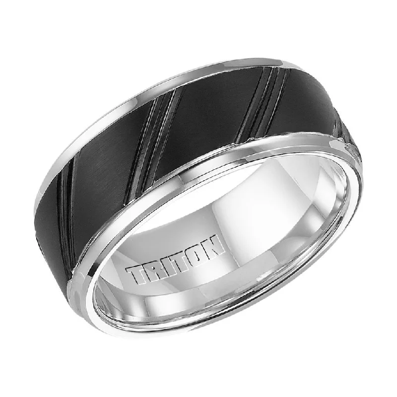 platinum diamond engagement rings for women-KINGSLEY Black and White Tungsten Carbide Ring with Beveled Step Edges and Diagonal Cuts by Triton Rings - 9 mm