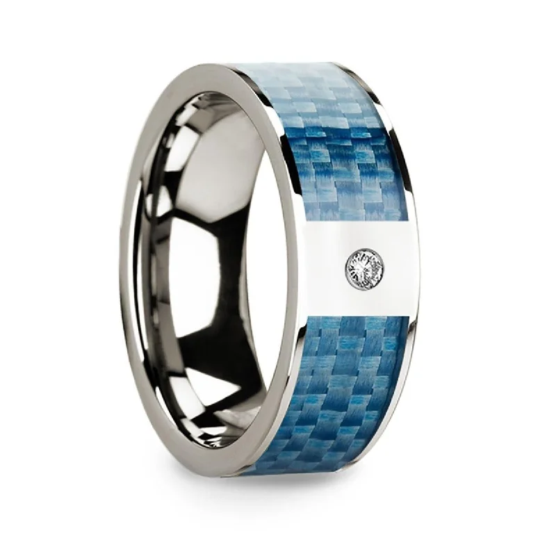 affordable engagement ring sets for women-Flat 14k White Gold Ring with Blue Carbon Fiber Inlay & White Diamond Setting - 8mm