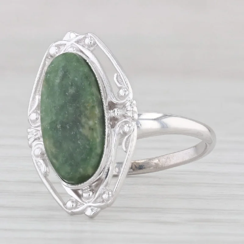 princess cut engagement rings for women-Vintage Green Nephrite Jade Oval Cabochon Ring 10k White Gold Size 5.5