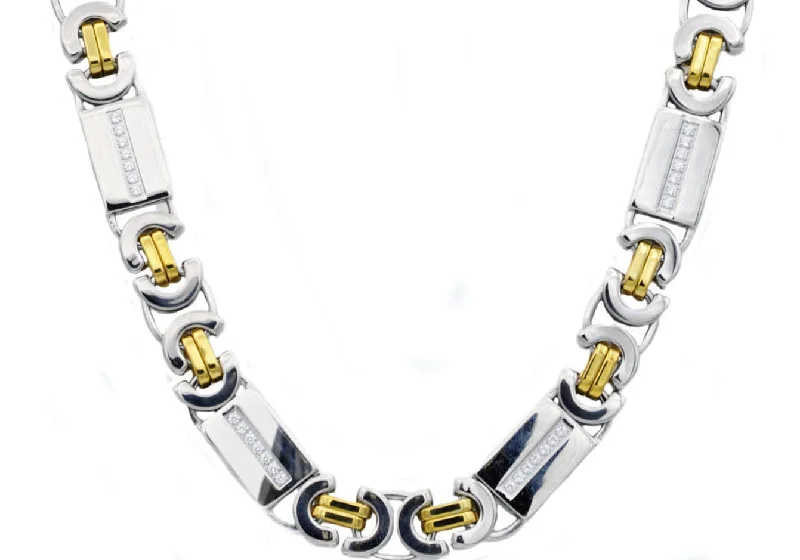 romantic necklace for women-Mens Gold Stainless Steel Flat Byzantine Link Chain Necklace With Cubic Zirconia